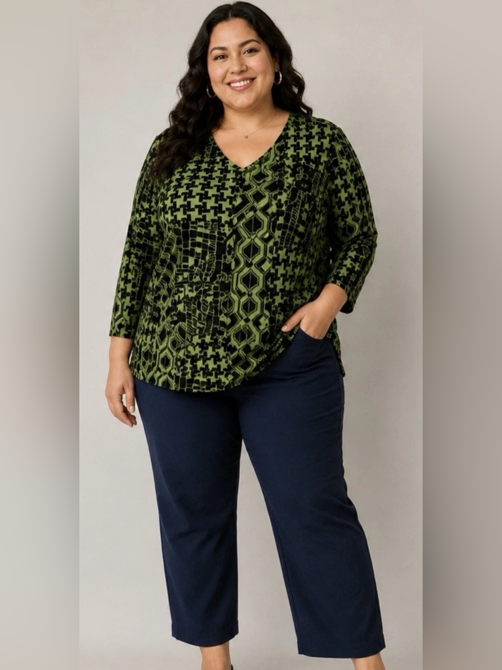 2p Set-Women with Control Petite Printed Top and Solid Pant Knit 1XP NEW A719089